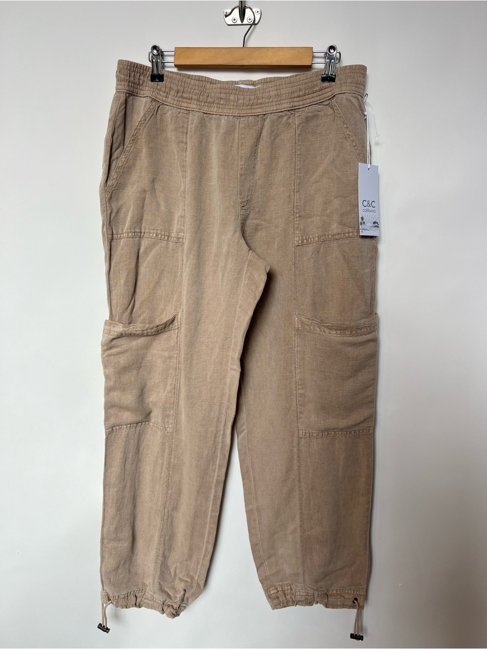 C&C California Linen Blend Jogger Pants Sand Beige Cargo Pocket Pull On L NWT